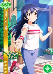  1girl anime_coloring aqua_pants blue_hair blush breasts card_(medium) character_name clenched_hand closed_mouth collarbone day dot_nose flower flower_bed foot_out_of_frame hair_between_eyes hand_up long_hair looking_at_viewer loose_socks love_live! love_live!_school_idol_festival love_live!_school_idol_project medium_breasts official_art open_hand outdoors outstretched_hand palms pants pink_flower pink_socks reaching reaching_towards_viewer red_flower red_shoes running shirt shoes short_sleeves smile socks solo sonoda_umi sonoda_umi_(summer_training_wear) spread_fingers standing standing_on_one_leg star_(symbol) storefront sunlight t-shirt tree white_flower white_shirt wristband yellow_eyes yellow_flower 