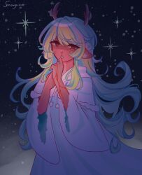  1girl absurdres animal_ears antlers blonde_hair brown_eyes capelet commentary crying deer_antlers deer_ears deer_girl deltarune english_commentary english_text furry furry_female highres horns jewelry long_hair noelle_holiday noelle_holiday_(dark_world) nyamemaoo red_pupils ring robe snowing solo thorn_ring_(deltarune) utdr_(toby_fox) weird_route_(deltarune) white_capelet white_robe 