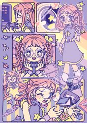  1girl :d ^_^ alien bazukat_art belt blue_eyes book braid chibi chibi_inset closed_eyes closed_mouth controller crescent dress earth_(planet) freckles game_controller glasses hair_ribbon heart highres holding holding_controller holding_game_controller long_hair multiple_views original outline pink_hair pink_nails planet playing_games playing_video_games ponytail purple_dress purple_wrist_cuffs ribbon round_eyewear saturn_(planet) sleeveless sleeveless_dress smile space space_invaders spacecraft star-shaped_pupils star_(symbol) star_print striped_background symbol-shaped_pupils teeth twin_braids upper_teeth_only vertical-striped_background violet_eyes white_outline wrist_cuffs yellow_belt yellow_ribbon 