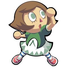  1girl :o animal_crossing artist_request bad_discord_link bad_link brown_hair chibi dress green_dress green_eyes highres lower_eyelashes_only red_shoes shoes short_hair solo striped_clothes striped_thighhighs super_smash_bros. thigh-highs triangle_nose villager_(animal_crossing) 