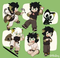  1boy alkazong artist_name black_fur black_hair cat cat_tail chinese_commentary commentary_request food highres holding holding_food holding_ice_cream ice_cream luo_xiaohei luo_xiaohei_(cat) multiple_views open_mouth sitting smile tail the_legend_of_luo_xiaohei white_hair 