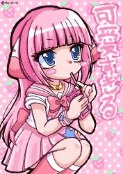  2000s_(style) 2kawaii4comfort artist_name blue_eyes blush_stickers boots choker chu-chuns food food_in_mouth fruit heisei_retro highres holding holding_food holding_pocky long_hair magical_justice_savior_rita-chan pink_background pink_boots pink_hair pink_sailor_collar pink_skirt pink_theme pleated_skirt pocky pocky_in_mouth pocky_strawberry polka_dot polka_dot_background sailor_collar school_uniform serafuku short_sleeves skirt strawberry 
