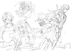  1boy 1girl alternate_hairstyle apron artist_name bag blade_(honkai:_star_rail) bow bowl bowtie car_interior chinese_clothes closed_mouth coat collared_shirt commentary_request covered_eyes cowboy_shot cutting cutting_board dress driving firefly_(honkai:_star_rail) firefly_(spring_missive)_(honkai:_star_rail) floating_hair floral_print hair_ornament hair_over_eyes hair_over_one_eye hair_ribbon hairband hand_up highres hisyo152 holding holding_bag holding_bowl holding_knife holding_sword holding_weapon honkai:_star_rail honkai_(series) jacket kitchen_knife knife leaf_hair_ornament long_hair long_sleeves looking_at_another looking_down mandarin_collar monochrome multiple_views neckerchief official_alternate_costume one_side_up open_mouth pants potato puffy_short_sleeves puffy_sleeves ribbon sailor_collar school_uniform serafuku shirt short_sleeves shoulder_bag simple_background sitting sketch smile standing steering_wheel sweatdrop sword t-shirt thigh-highs upper_body v-shaped_eyebrows wavy_hair weapon 