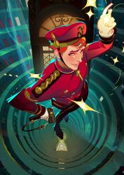  1boy absurdres bellhop_uniform black_pants black_shoes blush coat collared_coat commentary deadlock_(game) doorman_(deadlock) freckles gloves gun handgun hat highres holding holding_gun holding_weapon keyhole long_sleeves looking_at_viewer male_focus mintbreak pants parted_lips red_coat red_hair red_hat shoes smile solo standing upturned_eyes weapon white_gloves 