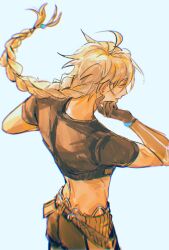  1boy aeferjam aether_(genshin_impact) ahoge arm_armor belt black_pants black_shirt blonde_hair braid brown_belt brown_eyes brown_gloves chromatic_aberration commentary earrings floating_hair from_behind genshin_impact gloves hair_between_eyes hair_ornament hair_ribbon hair_tubes hand_up highres jewelry long_hair looking_to_the_side low-braided_long_hair low-tied_long_hair male_focus midriff open_mouth pants ribbon shirt short_sleeves simple_background single_braid single_earring single_hair_tube smile solo white_background yellow_ribbon 