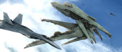  afterburner aircraft airplane canopy_(aircraft) clouds decal fictional_aircraft fighter_jet flying helmet highres mecha mecha_focus military_vehicle moruniyaken multiple_aircraft multiple_others original pilot_helmet robot science_fiction sky vehicle_focus vehicle_name 