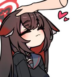  1girl :3 animal_ear_fluff animal_ears black_shirt blue_archive blush breasts brown_hair closed_eyes closed_mouth commentary_request disembodied_hand fox_ears fox_girl halo headpat heart highres large_breasts long_hair otu_(o2h2_oh4) red_halo shirt simple_background solo_focus upper_body wakamo_(blue_archive) white_background 
