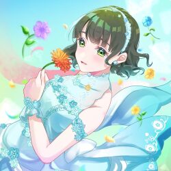  1girl :d bare_shoulders blue_background blue_dress blue_flower blue_hairband blue_petals commentary_request commission covered_collarbone dress dress_flower falling_flower falling_petals flower gerbera green_eyes green_hair hairband holding holding_flower ima_kako_mirai_no_sangenshoku love_live! love_live!_hasu_no_sora_jogakuin_school_idol_club momose_ginko open_mouth orange_flower petals pink_petals purple_flower sakari_(pear_8_ll) short_hair skeb_commission sleeveless sleeveless_dress smile solo upper_body virtual_youtuber yellow_flower yellow_petals 