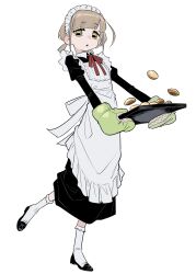  1girl absurdres apron black_dress black_shoes blunt_bangs brown_eyes collared_dress commentary_request cookie dress food frilled_apron frills frogsnake full_body highres holding holding_tray horizontal_pupils juliet_sleeves long_sleeves looking_at_viewer low_twintails maid maid_apron maid_headdress neck_ribbon original oven_mitts puffy_sleeves red_ribbon ribbon rika-chan_(frogsnake) shoes short_hair simple_background socks solo standing standing_on_one_leg tray twintails white_apron white_background white_socks yellow_eyes 