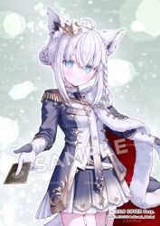  1girl ahoge animal_ears aqua_eyes artist_name blush braid braided_base bun_with_braided_base card closed_mouth commentary_request company_name copyright_notice crown fox_ears fox_girl gloves hair_bun holding holding_card hololive looking_at_viewer mini_crown official_alternate_costume official_alternate_hairstyle official_art sample_watermark shirakami_fubuki shirakami_fubuki_(fbkingdom) shiroromi skirt smile solo star_(symbol) twitter_username virtual_youtuber watermark white_gloves white_hair white_skirt 