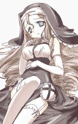  +_+ 1girl blue_eyes brown_hair crying crying_with_eyes_open drill_hair gloves long_hair lying magical_girl mahou_shoujo_ikusei_keikaku mahou_shoujo_ikusei_keikaku_unmarked nun nun_headdress on_back open_mouth s2chuuki sister_nana solo tears thigh-highs 