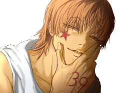  1boy 39 close-up facial_mark hair_down half-closed_eyes hand_on_own_face hand_tattoo highres hisoka_morow hunhun_86 hunter_x_hunter looking_at_viewer male_focus number_tattoo orange_hair portrait shirt simple_background sleeveless sleeveless_shirt smile smirk solo star_(symbol) star_facial_mark tank_top tattoo v-shaped_eyebrows white_shirt white_tank_top yellow_eyes 