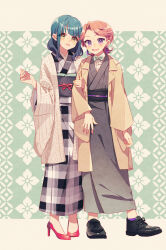  2girls :d alternate_eye_color arm_hug bad_id bad_pixiv_id black_kimono black_sash black_shoes blue_hair blunt_bangs bow bowtie brown_jacket collared_shirt curtained_hair diagonal-striped_bow diagonal-striped_bowtie diagonal-striped_clothes en_or floral_background full_body green_background green_bow green_bowtie grey_kimono hanayagi_kaoruko hand_on_another's_arm hand_up haori high_heels invisible_floor isurugi_futaba jacket japanese_clothes kimono long_sleeves looking_at_viewer medium_hair multiple_girls obi obijime open_clothes open_jacket open_mouth parted_bangs pink_hair plaid_clothes plaid_kimono red_ribbon red_shoes ribbon sash shirt shirt_under_kimono shoes short_hair shoujo_kageki_revue_starlight side-by-side smile standing stiletto_heels striped_bow striped_bowtie striped_clothes striped_jacket teeth two-tone_background upper_teeth_only violet_eyes white_kimono white_shirt wide_sleeves yellow_background yellow_eyes 