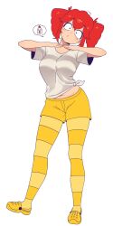  1girl absurdres bird birdbrain_(synthesizer_v) black_eyes breasts chicken dochi_pi drill_hair dynamic_pose hair_between_eyes highres huge_breasts kasane_teto kasane_teto_(utau) light_blush looking_at_viewer multicolored_pants pants plump red_hair shirt shoes shorts thick_thighs thighs twin_drills utau white_shirt wide_hips yellow_shoes yellow_shorts 