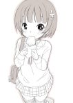  1girl blush eating fuyuno_mikan monochrome short_hair simple_background skirt solo white_background 