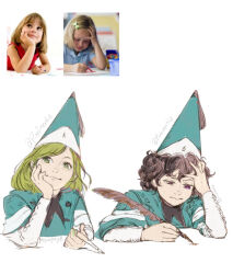  2girls agott_arklaum_(tongari_boushi_no_atelier) aqua_cloak cloak coco_(tongari_boushi_no_atelier) commentary conical_hat curly_hair english_commentary green_eyes green_hair hand_on_own_cheek hand_on_own_face hand_on_own_head hat highres invisible_table long_sleeves multiple_girls nib_pen_(object) pen photo_inset pixeinertia purple_hair qifrey's_atelier_apprentice_uniform quill short_hair smile tassel thinking tongari_boushi_no_atelier upper_body violet_eyes wizard_hat 
