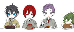  4boys ahoge black_hair blue_eyes bone bow cake cardigan chopsticks closed_eyes closed_mouth collared_shirt curry curry_rice double-parted_bangs food food_in_mouth green_hair grey_sweater hagiwara_daisuke hand_up holding holding_chopsticks holding_spoon hori-san_to_miyamura-kun ishikawa_tooru iura_shuu katagiri_senior_high_school_uniform male_focus miyamura_izumi multiple_boys necktie open_mouth plate purple_hair red_bow red_eyes red_necktie rice school_uniform sengoku_kakeru shirt short_bangs short_hair simple_background smile sparkle spoon sweater upper_body violet_eyes white_background wing_collar 