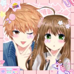  1boy 1girl :p ;p ahoge akaixx black_ribbon blue_jacket blush braid brown_hair candy casual commentary_request flower food green_eyes hair_between_eyes hair_flower hair_ornament hand_up heart highres jacket kanbe_kotori lollipop long_hair looking_at_viewer neck_ribbon one_eye_closed open_clothes open_jacket open_mouth orange_eyes orange_hair outline photo_(object) pink_flower pixel_heart pixel_star purikura rewrite ribbon shirt short_hair side_braid sidelocks spiky_hair star_(symbol) tennouji_kotarou tongue tongue_out tsurime twitter_username upper_body v v-shaped_eyebrows v_over_mouth white_outline white_shirt 