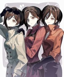  3girls absurdres ada_wong animal_ears belt black_gloves black_hair cat_ears chest_harness closed_mouth coat commentary drawn_ears dress eyewear_on_head from_side gloves hair_between_eyes hand_on_another's_shoulder hand_up haobuguniao harness highres long_sleeves looking_at_viewer multiple_girls multiple_persona notice_lines red_dress red_shirt red_sweater resident_evil resident_evil_2 resident_evil_2_(remake) resident_evil_4 resident_evil_4_(remake) resident_evil_6 ribbed_sweater shirt short_hair sleeves_rolled_up smile sunglasses sweater sweater_dress turtleneck turtleneck_sweater upper_body 