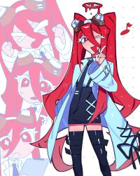  >_< 1girl ? black_necktie chiy037 clipboard colored_eyelashes cookie_run cookie_run:_kingdom goggles goggles_on_head halo highres holding holding_clipboard lab_coat long_hair musical_note necktie one_eye_closed open_mouth overall_skirt povidone-iodine_cookie red_eyes red_hair red_halo solo star-shaped_pupils star_(symbol) symbol-shaped_pupils twintails white_background white_eyelashes 