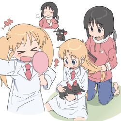  >_< +++ 2girls animal black_cat black_eyes black_hair blonde_hair blue_eyes blush brushing_hair cat child closed_eyes closed_lab_coat comb commentary cropped_legs highres holding holding_animal kneeling kyoto_animation lab_coat long_hair looking_down multiple_girls necktie nichijou open_mouth professor_shinonome proud puff_of_air sakamoto_(nichijou) school_uniform shinonome_nano short_hair simple_background tokisadame_school_uniform twintails white_background wichimi winding_key 