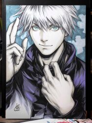  1boy 2021 art_tools_in_frame astanley_lau black_jacket blue_eyes closed_mouth commentary crossed_fingers english_commentary gojo_satoru highres jacket jujutsu_kaisen looking_at_viewer male_focus marker_(medium) photo_(medium) signature simple_background solo stanley_lau traditional_media white_hair 