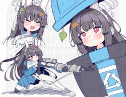 >_< 1girl aiming animal_ears arrow_(symbol) black_gloves black_hair blue_archive blue_serafuku blush bolt_action bright_pupils d: dx fake_animal_ears gloves grey_halo gun halo holding holding_gun holding_weapon in_container in_trash_can ken_(houndscombat) knee_pads leaf leaf_on_head long_hair long_sleeves miyu_(blue_archive) mosin-nagant multiple_views on_one_knee one_eye_closed open_mouth pantyhose rabbit_ears recycling_symbol red_eyes rifle school_uniform serafuku single_knee_pad trash_can weapon white_pantyhose white_pupils 
