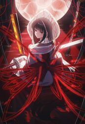  1girl absurdres back back_bow black_hair blunt_bangs bow butterfly_of_entangled_lives closed_mouth commentary_request e.g.o_(project_moon) fake_wings from_behind great_trichiliocosm_(e.g.o) highres holding holding_sword holding_weapon hongme_26 hood japanese_clothes katana kimono korean_commentary large_bow limbus_company long_hair looking_at_viewer looking_back official_alternate_costume ootachi planted planted_sword project_moon red_eyes ryoshu_(project_moon) sheath sheathed sidelocks sitting solo string sword uchikake wataboushi weapon white_kimono wings 