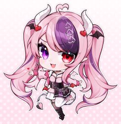  1girl ahoge asymmetrical_legwear beescuit black_boots black_skirt boots chibi choker demon_girl demon_horns demon_wings earrings fang frilled_straps hair_ornament head_wings heart heart_ahoge heart_earrings heart_hair_ornament heterochromia horns ironmouse ironmouse_(15th_costume) jacket jewelry long_hair looking_at_viewer multicolored_hair multicolored_skirt multiple_wings open_mouth pantyhose pink_choker pink_hair pink_jacket pink_shoes pointy_ears purple_hair purple_streaks red_eyes shoes single_thighhigh skirt solo spiked_choker spikes standing standing_on_one_leg streaked_hair thigh-highs twintails violet_eyes virtual_youtuber vshojo white_background white_pantyhose white_skirt wings 
