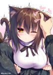  1girl :&lt; animal_ears bangs blue_eyes blush breasts brown_hair cat_ears cat_tail large_breasts long_hair long_sleeves looking_at_viewer mia_flatpaddy one_eye_closed original petting ribbed_sweater solo_focus sweater syroh tail trembling tsurime turtleneck twitter_username yellow_eyes 