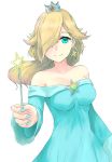  1girl aqua_eyes aqua_nails bare_shoulders blonde_hair breasts crown dress earrings hair_over_one_eye holding holding_wand ippers jewelry long_hair looking_at_viewer super_mario_bros. medium_breasts nail_polish rosetta_(mario) simple_background smile super_mario_galaxy wand white_background 