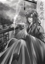  1boy against_railing ahoge chinese_clothes chinese_text clouds coat commentary_request grandmaster_of_demonic_cultivation greyscale hair_down hair_ribbon half_updo hanfu highres holding holding_smoking_pipe kanmisyokinin kiseru light_smile long_hair long_sleeves looking_at_viewer male_focus monochrome official_alternate_costume official_alternate_hairstyle open_clothes open_coat outdoors parted_lips railing ribbon robe sash sidelocks sitting sky smoke smoking smoking_pipe solo tassel wei_wuxian wei_wuxian_(yiling_laozu) wide_sleeves 