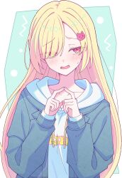  1girl bang_dream! bang_dream!_yumemita blonde_hair blue_jacket blush cat_hair_ornament commentary e20 hair_ornament highres hood hood_down hoodie jacket long_hair nakamachi_arale open_clothes open_jacket open_mouth pink_eyes solo steepled_fingers sweatdrop white_hoodie 