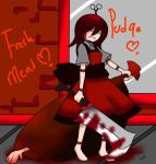  1girl acyo bag butcher butcher_knife defense_of_the_ancients dress food genderswap jpeg_artifacts meat pudge_(dota_2) red_dress redhead stitches yandere 