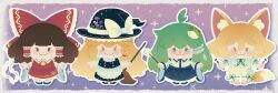  4girls :3 animal_ear_fluff animal_ears apron ascot black_hat black_skirt black_vest blonde_hair blue_skirt bow braid broom brown_hair carnelscorner chibi chibi_only collared_shirt commentary detached_sleeves embellished_costume english_commentary food_print fox_ears fox_girl fox_tail frilled_bow frilled_hair_tubes frills frog_hair_ornament full_body gohei green_eyes green_hair green_ribbon hair_between_eyes hair_bow hair_ornament hair_tubes hakurei_reimu hat hat_bow highres holding holding_broom holding_gohei holding_test_tube kirisame_marisa kochiya_sanae kudamaki_tsukasa long_hair looking_at_viewer multiple_girls mushroom_print neck_ribbon outline print_hat print_skirt print_vest red_bow red_eyes red_skirt ribbon ribbon-trimmed_sleeves ribbon_trim romper shirt short_sleeves side_braid single_braid skirt skirt_set sleeve_ribbon sleeveless sleeveless_shirt snake_hair_ornament star_(symbol) star_print tail test_tube touhou very_long_hair vest waist_apron white_apron white_bow white_outline white_romper white_shirt witch_hat yellow_ascot yellow_eyes 