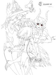  1boy 2girls arm_up armor bare_shoulders belt blunt_ends bracelet breastplate chain chinese_commentary commentary_request copyright_name curtains demi_(lunacid) demon_girl demon_horns dress earrings etna_(lunacid) extra_eyes eyelashes fang fang_out feet_out_of_frame fire flask full_body ghost hair_between_eyes hair_over_eyes hand_on_own_hip hand_up hat highres holding holding_scythe holding_sword holding_weapon horns jewelry looking_at_viewer lunacid monochrome multiple_girls player_character_(lunacid) pointy_ears puffy_short_sleeves puffy_sleeves pyrokinesis red_eyes ribs robe scythe shoes short_hair short_sleeves signature simple_background sketch smile spot_color sword torn_curtains upper_body weapon white_background witch_hat zhou_shu 