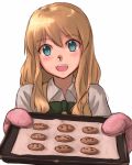 1girl :d blonde_hair blue_eyes blush cookie cooking dessert food green_ribbon hair_between_eyes happy looking_at_viewer open_mouth oven_mitts ranma_(kamenrideroz) ribbon shiny shiny_hair simple_background smile solo white_background 