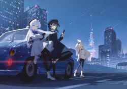  3girls ahoge astrae_oratio black_hat black_pantyhose blue_bow blue_bowtie blue_eyes bow bowtie building capelet car cellphone city city_lights closed_eyes crossed_arms flip_phone green_hair grey_capelet grey_skirt hat highres holding holding_phone jacket logo long_hair looking_at_viewer mitsukoe_luna motor_vehicle multiple_girls night official_art open_clothes open_jacket open_mouth outdoors pantyhose phone shooting_star skirt skyscraper stretching textless_version tokyo_(city) tokyo_tower wand white_hair white_jacket 