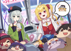  2girls alternate_costume arcade beret black_dress blonde_hair blush character_doll cirno collared_shirt commentary_request contemporary crane_game doll dress drinking drinking_straw drinking_straw_in_mouth flandre_scarlet green_eyes green_hair green_hat hakurei_reimu hat hecatia_lapislazuli highres kanpa_(campagne_9) kirisame_marisa komeiji_koishi long_hair medium_hair multiple_girls neck_ribbon open_mouth pointy_ears red_vest remilia_scarlet ribbon saigyouji_yuyuko shameimaru_aya shirt smile speech_bubble stuffed_toy sukuna_shinmyoumaru teeth thought_bubble touhou upper_teeth_only vest white_shirt yellow_ribbon yukkuri_shiteitte_ne 
