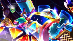  bandana battle beetle_horn beetle_kirby bomb_kirby canon_event chain-link_fence commentary copy_ability english_commentary fence fighter_kirby green_hat hat holding holding_polearm holding_sword holding_weapon insect_wings king_dedede kirby kirby_(series) kirby_battle_royale multiple_persona polearm red_bandana robot spear spear_kirby star_(symbol) sword sword_kirby tntvale tornado_kirby weapon wings 