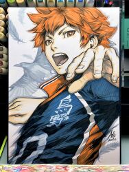 1boy 2020 bird commentary english_commentary feathers haikyuu!! highres hinata_shouyou looking_at_viewer marker_(medium) open_mouth orange_eyes orange_hair photo_(medium) short_hair signature simple_background solo sportswear stanley_lau traditional_media volleyball_uniform 