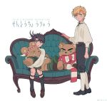  2boys black_hair blonde_hair bow caesar_anthonio_zeppeli couch facial_mark formal green_eyes headband jojo_no_kimyou_na_bouken joseph_joestar_(young) male_focus mapi_(mup1228) multiple_boys scarf scarf_bow socks stuffed_animal stuffed_toy teddy_bear younger 