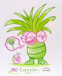  alolan_exeggutor artist_name closed_mouth commentary dated english_commentary evolutionary_line exeggcute exeggutor fangs full_body jitome limited_palette multiple_heads no_humans notice_lines open_mouth pokedex_number pokemon pokemon_(creature) pokemon_focus smile speech_bubble standing star_(symbol) traditional_media white_background zerokirbyarts 