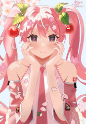  1girl bare_shoulders blush breasts cherry_blossoms cherry_hair_ornament closed_mouth collarbone collared_shirt commentary_request detached_sleeves flower food-themed_hair_ornament hair_between_eyes hair_ornament hatsune_miku highres long_hair looking_at_viewer medium_breasts miy148 necktie pink_eyes pink_flower pink_hair pink_necktie pink_sleeves sakura_miku shirt sleeveless sleeveless_shirt solo tie_clip twintails upper_body very_long_hair vocaloid white_trim 