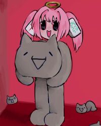  1girl blue_eyes blush chiyu_(chiyu_12-sai) chiyu_12-sai colored_sclera cyclopsbully figure-referenced full_body futaba_channel halo holding_mascot_head mahjong_tile_hair_ornament mascot_costume mona_(2ch) pink_background pink_hair pink_sclera short_twintails solo traditional_halo twintails 