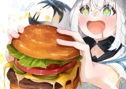  1girl absurdres blush braid burger drooling food fox_girl fox_tail green_eyes hair_between_eyes highres holding holding_burger holding_food hololive looking_at_viewer motion_lines mouth_drool open_mouth payano_i pentagram shirakami_fubuki shirakami_fubuki_(1st_costume) sidelocks single_braid solo sparkle tail virtual_youtuber white_hair 