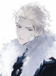  1boy absurdres bandage_on_cheek blonde_hair blue_eyes blue_jacket dirty dirty_face fate/strange_fake fate_(series) fur-trimmed_jacket fur_trim hair_slicked_back highres jacket looking_at_viewer male_focus metama orlando_reeve scar scar_on_face scar_on_forehead short_hair simple_background solo white_background 