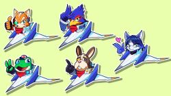  1girl 4boys absurdres adriwindgb arwing bird_boy claws commentary english_commentary falco_lombardi fox_boy fox_girl fox_mccloud frog_boy furry furry_female furry_male heart highres index_finger_raised krystal looking_at_viewer merchandise_available multiple_boys peppy_hare rabbit_boy salute slippy_toad star_fox thumbs_up two-finger_salute v 