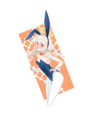  1girl animal_ear_hairband animal_ears aoba_(blue_archive) bare_shoulders blue_archive blue_leotard blush bow bowtie commentary_request detached_collar fake_animal_ears from_side grey_hair hairband halo highres leotard long_hair looking_at_viewer looking_to_the_side open_mouth orange_bow orange_bowtie pantyhose playboy_bunny rabbit_ear_hairband rabbit_ears red_eyes strapless strapless_leotard suecovsky tears white_pantyhose white_wrist_cuffs wrist_cuffs 