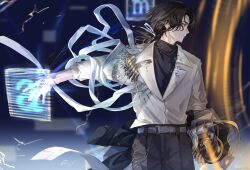  1boy belt black_hair black_undershirt coat cryptography enigma_(reverse:1999) facing_away hair_tie highres holding outstretched_arm pants reverse:1999 shirt solo suiro36 white_shirt yellow_eyes 
